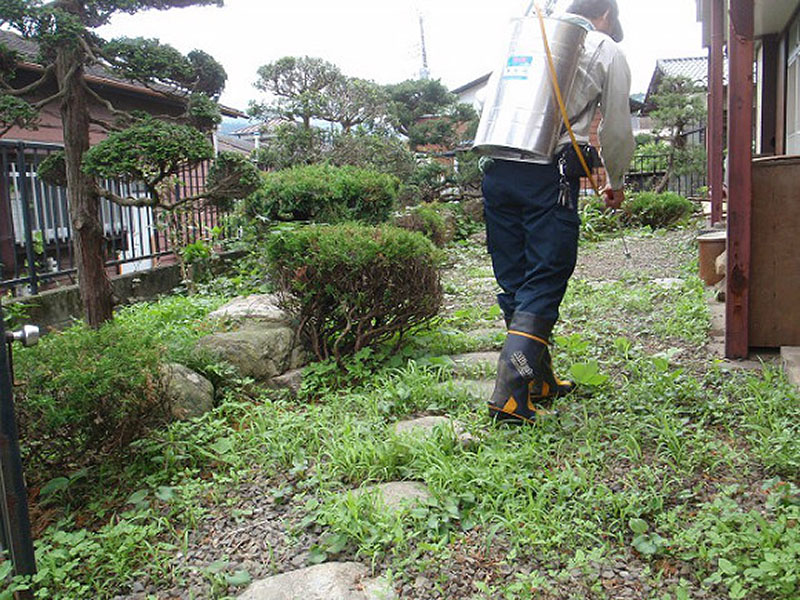 お庭の手入れ 個人邸 施工中 除草剤散布状況